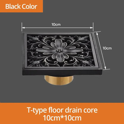 DecorBites™ Black Brass Shower Drain Strainer Floor Cover Square Art Carved Grate Basins SY-073R