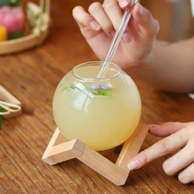 DecorBites™ Ball Shape Coffee Juice Cocktail Glasses Cup with Wood Base and Glass Straw