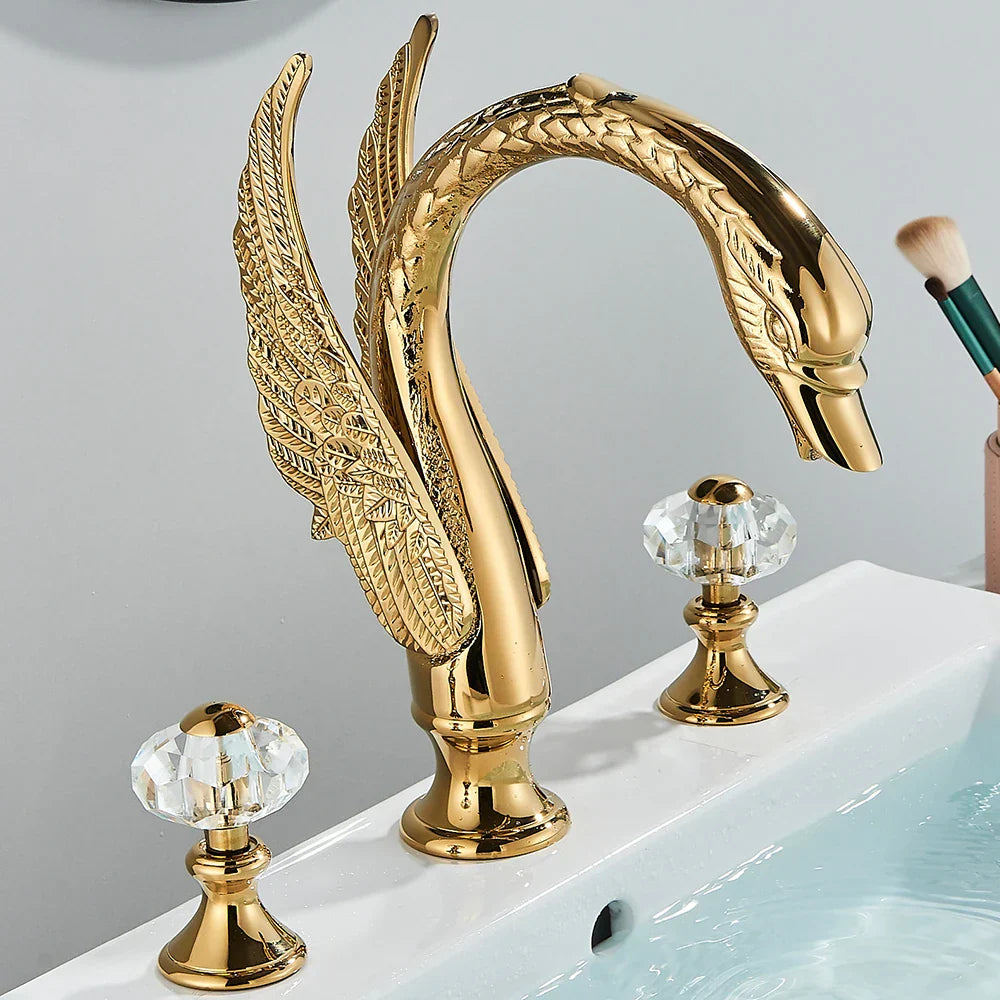DecorBites™ Golden Swan Crystal Dual Handle Basin Tap
