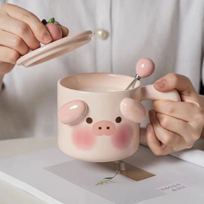 طقم أكواب سيراميك بتصميم حيوانات من DecorBites™: تصميم خنزير وكلب، غطاء، ملعقة، صحن - كوب قهوة للإفطار