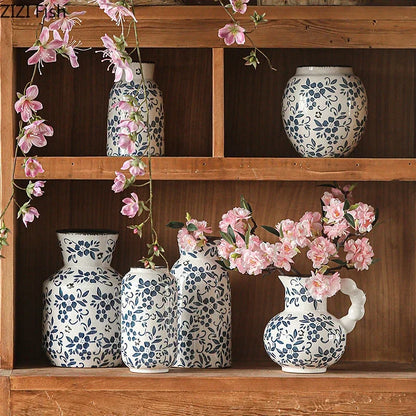 DecorBites™ Blue White Porcelain Vase Hydroponic Ceramic Flower Pot Room Decor