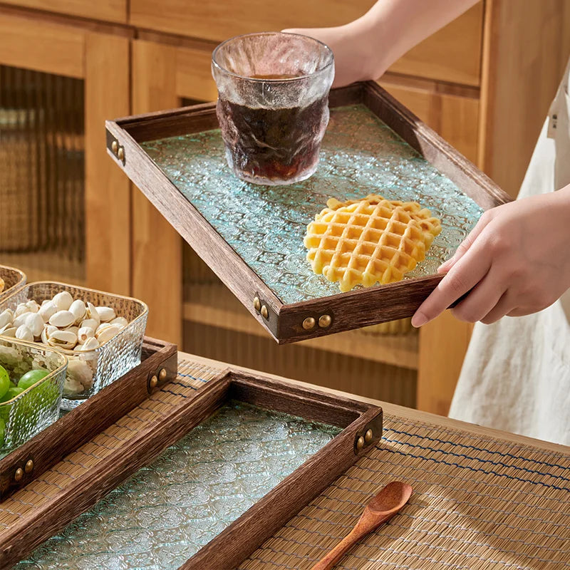 DecorBites™ Glass Wood Tea Table Tray, Rectangular Snack Food Fruit Bowl Serving Tray