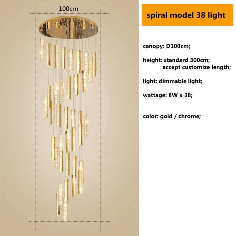 DecorBites™ Gold Chrome Steel Crystal Pendant Lights with Dimmable LED for Villa Stair