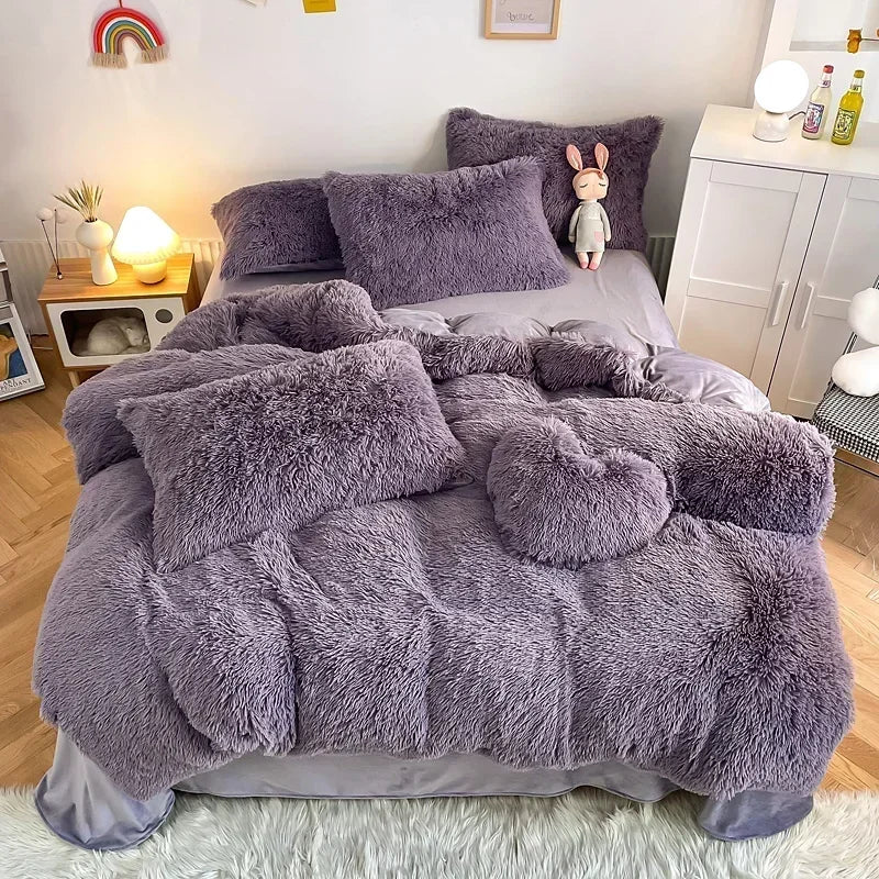 Decobites Fluffy Faux Fur Bedding Set: Duvet Cover, Sheet, Pillowcase - Soft & Warm