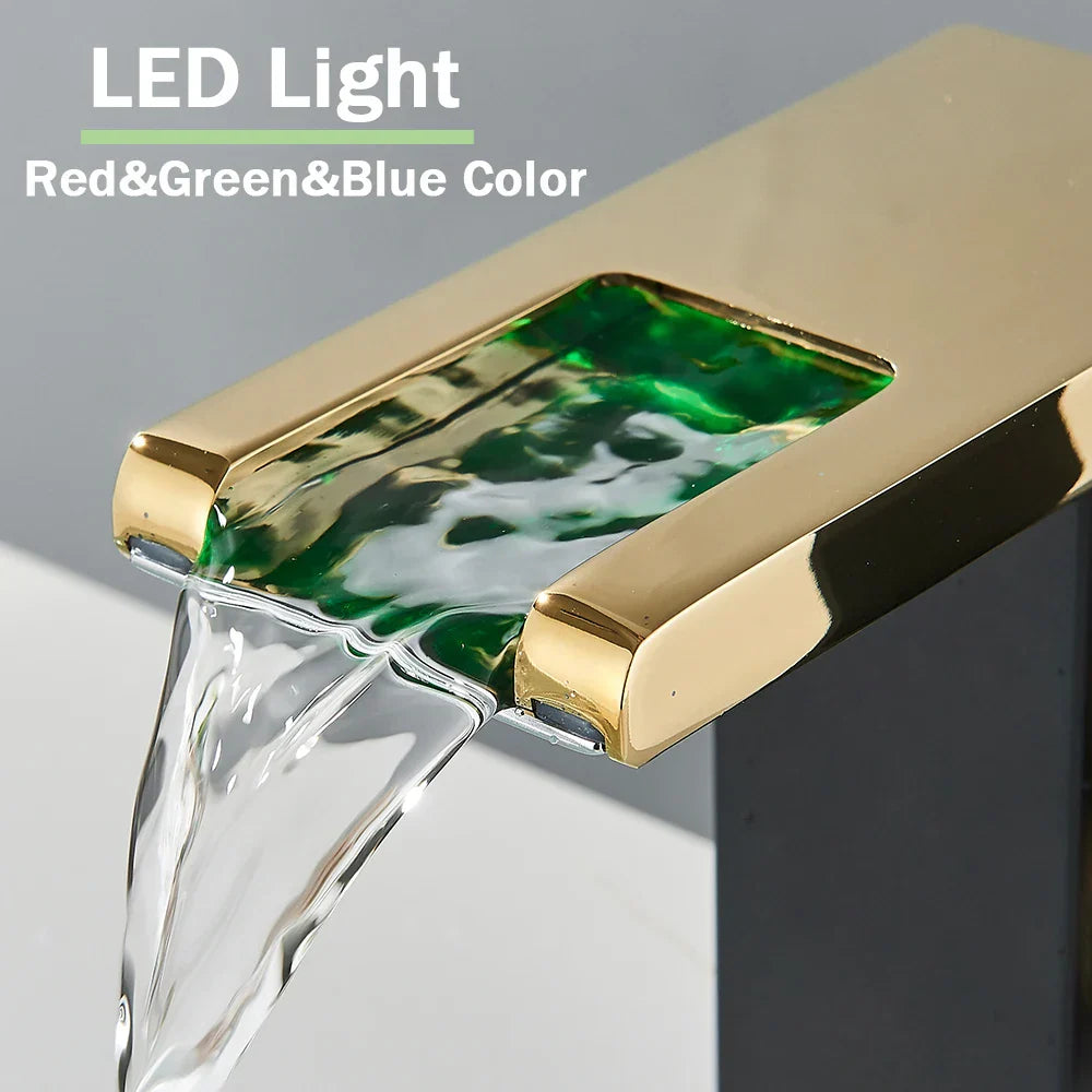 DecorBites™ LED Black Waterfall Basin Faucet: Deck Mounted Hydroelectric Mixer Tap