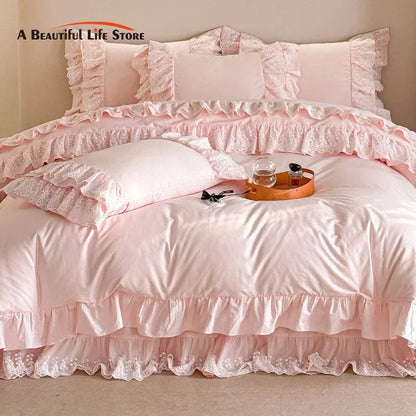 Decobites Pink Lace Ruffles Princess Style Cotton Bedding Set with Bed Skirt and Pillowcases