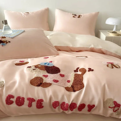 DecorBites™ Cartoon Embroidery Cotton Bedding Set - Summer Cool, Skin Friendly Flat Sheet Kit