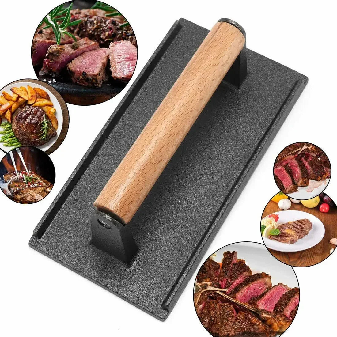 DecorBites™ Heavy Cast Flat Iron Steak Weight with Wooden Handle