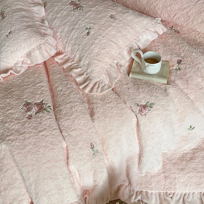 Decobites Pink Winter Milk Velvet Floral Ruffles Bedding Set