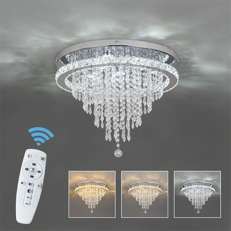 DecorBites™ Crystal LED Ceiling Chandelier: Remote Dimming Round Lamp for Luxury Home Decor