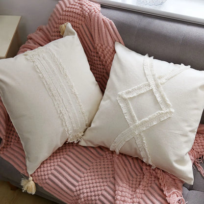 DecorBites™ Boho Linen Cotton Pillow Cover with Tassels - Beige Square/Rectangular 45x45cm/30x50cm