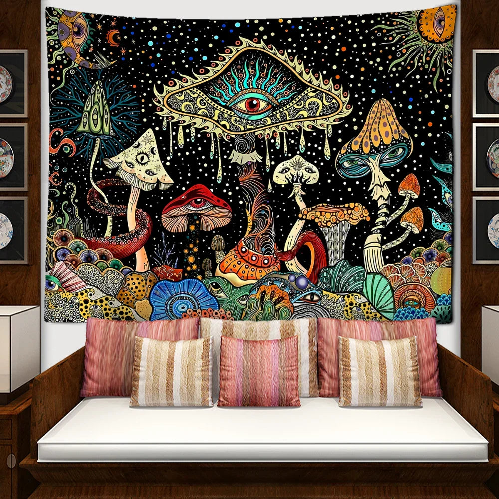 Decobites Colorful Eyes Mushroom Forest Tapestry Wall Hanging Art - Fantasy Abstract Home Decor