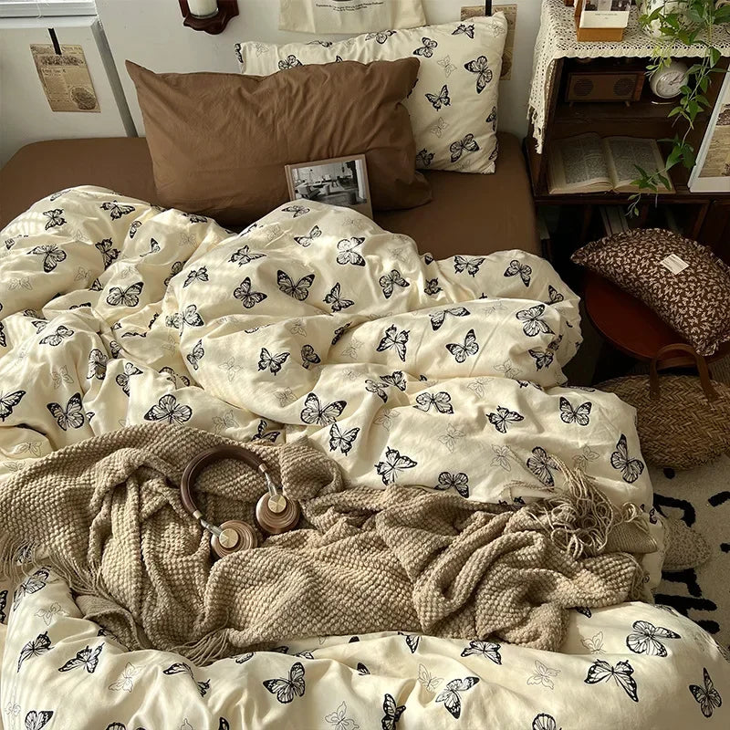 DecorBites™ Cute Cartoon Washed Cotton 4-Piece Bedding Set for Spring Soft Skin-Friendly Sheets