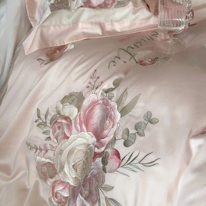 طقم أغطية سرير DecorBites™ مطرز بالزهور مكون من 4 قطع، مصنوع من القطن المصري 1000 خيط