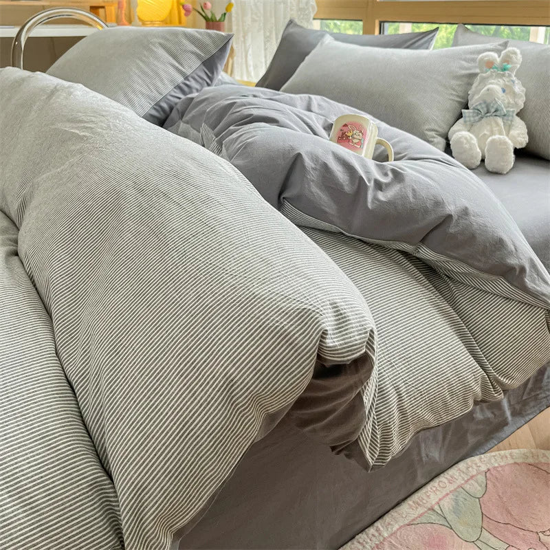 طقم أغطية سرير DecorBites™ قطني مخطط، غطاء لحاف مغسول ومصبوغ بخيوط، أغطية سرير فردية