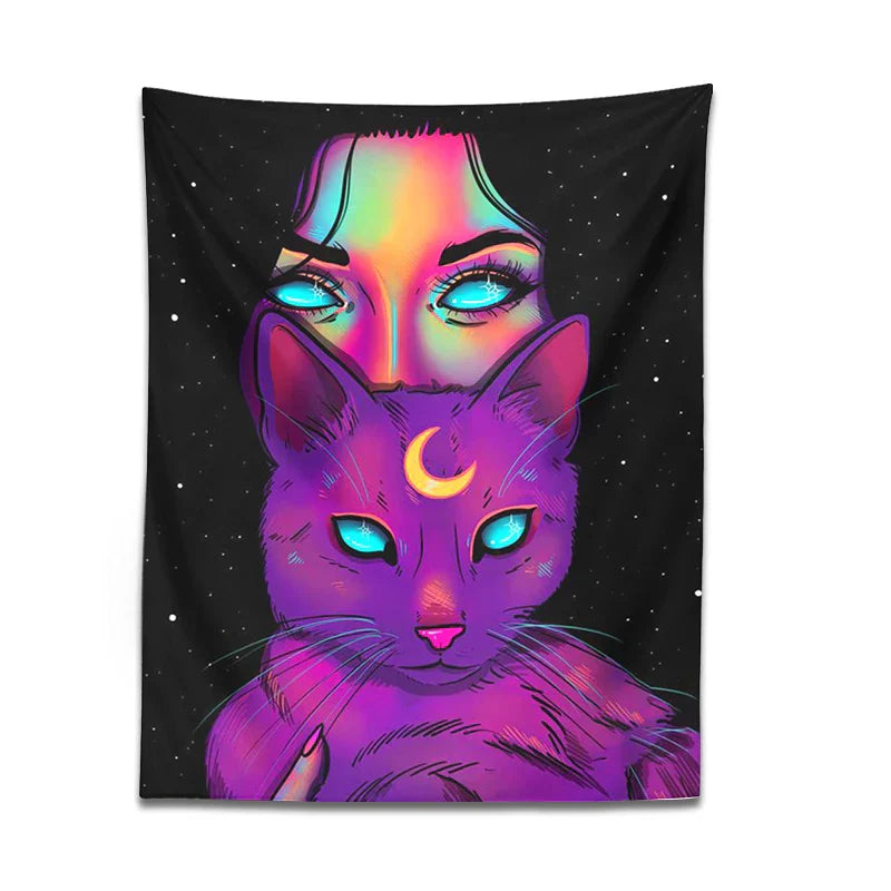 Psychedelic Cat Tapestry Wall Hanging for Bohemian Home Decor by Decobites