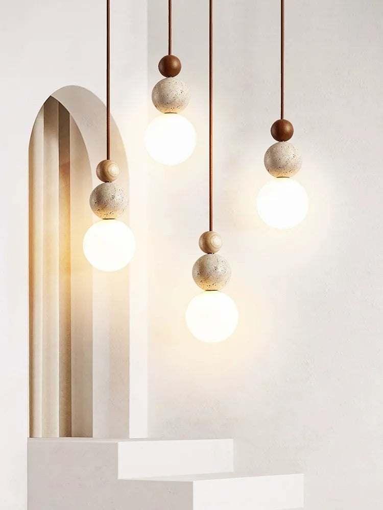 Lámpara colgante LED estilo crema DecorBites™ para dormitorio y bar - Araña de diseño en piedra y madera