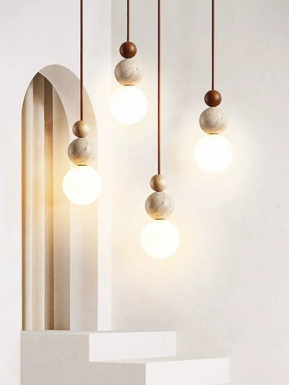 Lámpara colgante LED DecorBites™ estilo crema para dormitorio, diseño en madera y piedra