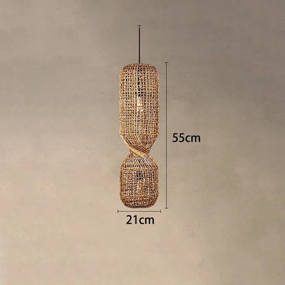 Vintage Hand-Woven Brown Rattan Cylinder Pendant Light