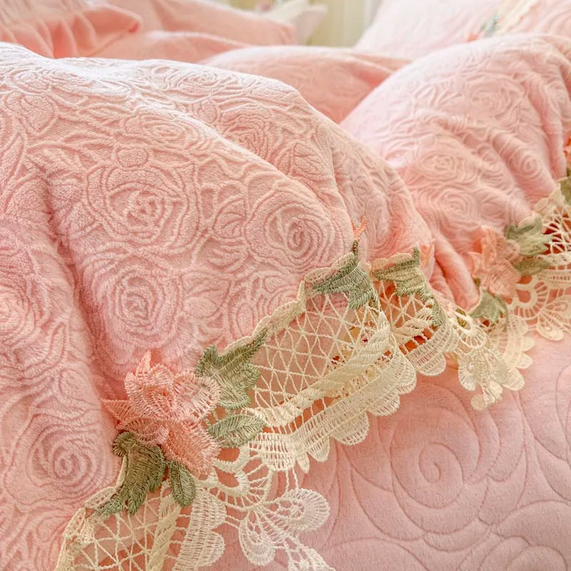 Decobites Pink Flowers Lace Ruffles Princess Velvet Bedding Set