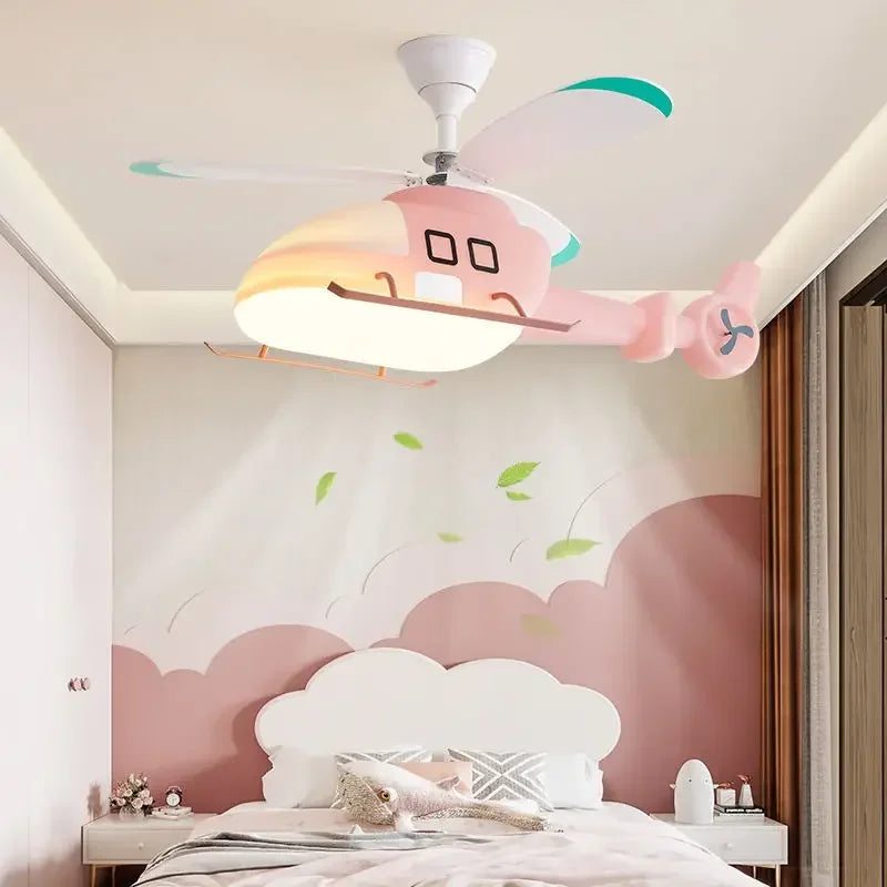 Decorbites™ Ventilador de Techo en Forma de Helicóptero Aeronave Lámpara de Techo Infantil Azul Rosa Luz para Habitación de Niños