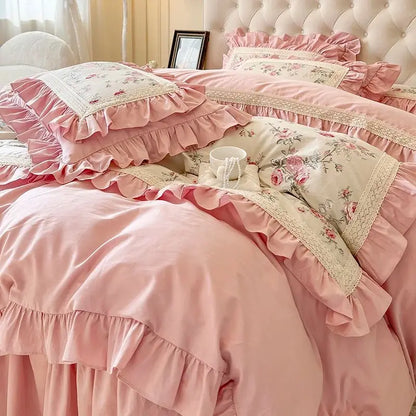 Decobites Pink Rose Floral Pleat Lace Ruffles 100% Cotton Bedding Set - Various Bed Sizes