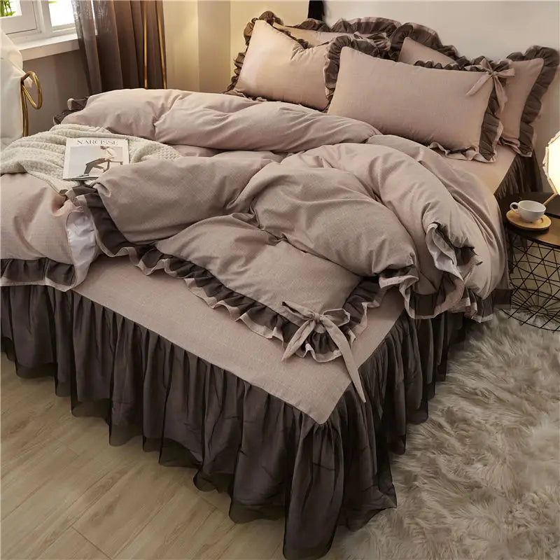 Decorbites™ Korean Bettrocken-Set mit Rüschenkanten – Einfarbig, hautfreundliches Bettwäsche-Set