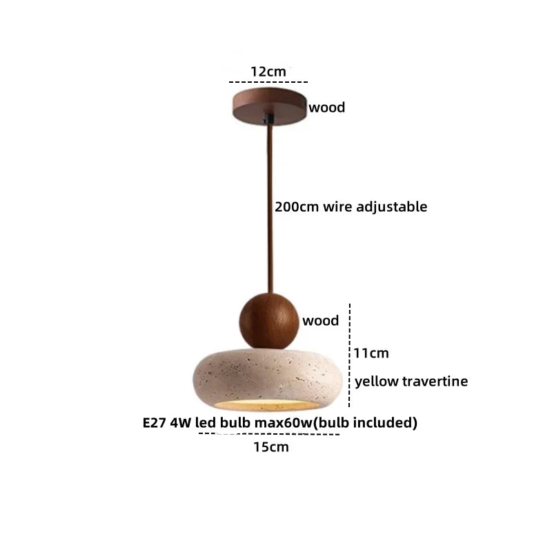 DecorBites™ LED Pendant Light: Japanese Style, Yellow Travertine Wood, Adjustable Hanging Lamp.