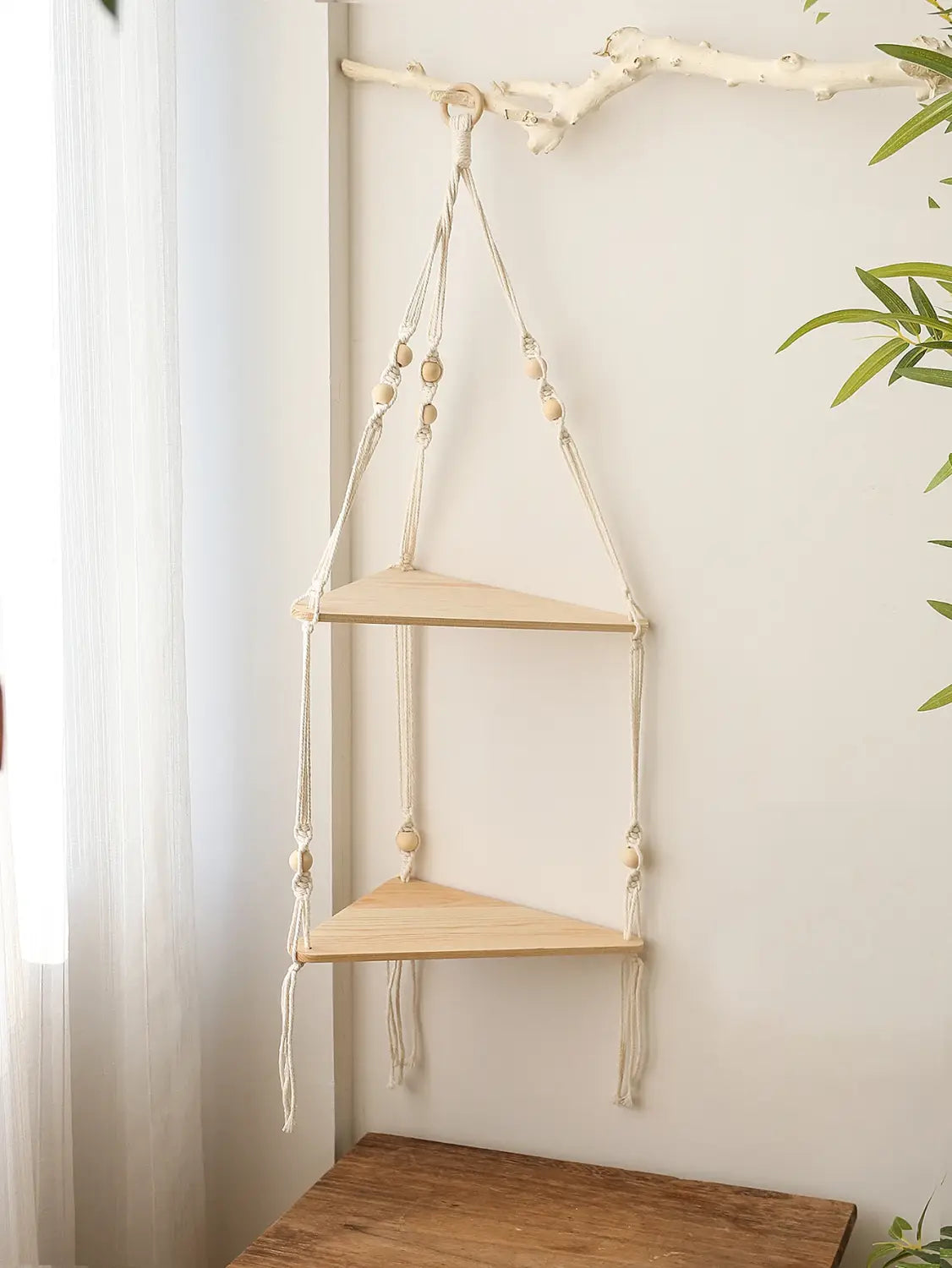 DecorBites™ Wooden Corner Shelf with Macrame - Boho Wall Decor