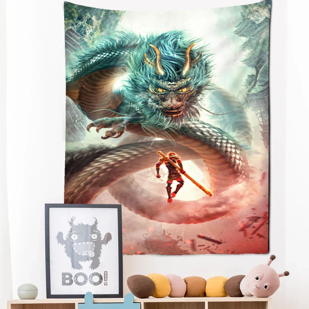 DecorBites™ Golden Dragon Totem Carving Tapestry: Mysterious Psychedelic Wall Hanging