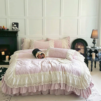 DecorBites™ Lace Ruffles Velvet Wedding Bedding Set with Carved Details