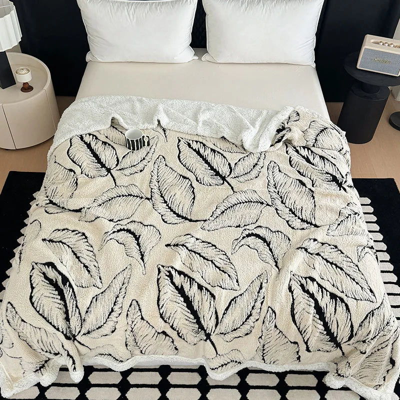 DecorBites™ Leaf Jacquard Double-Layer Flannel Blanket for Sofa and Bed