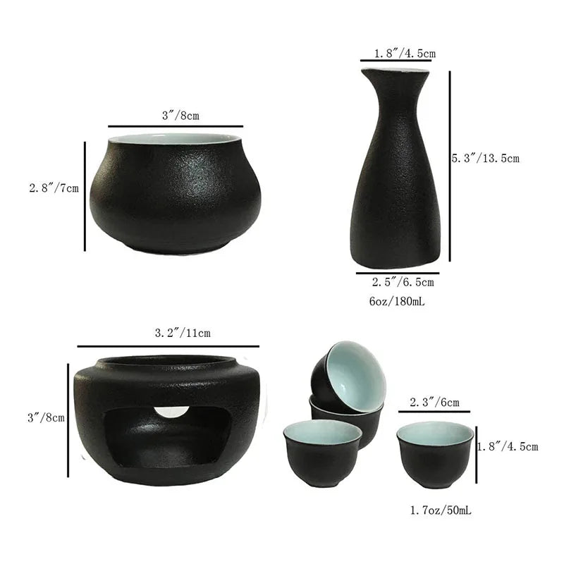 DecorBites™ Ceramic Sake Set: Sake Bottle, Warmer, & 4 Cups