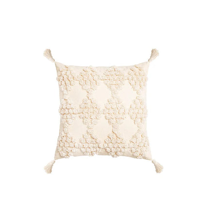 Funda de cojín DecorBites™ Boho con borlas blancas y mechones, color beige, estilo boho, para decoración del hogar, cuadrada, con cuentas.