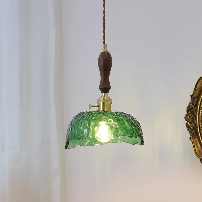 DecorBites™ Green Glass LED Pendant Lamp with Knob Switch, Copper Chandelier