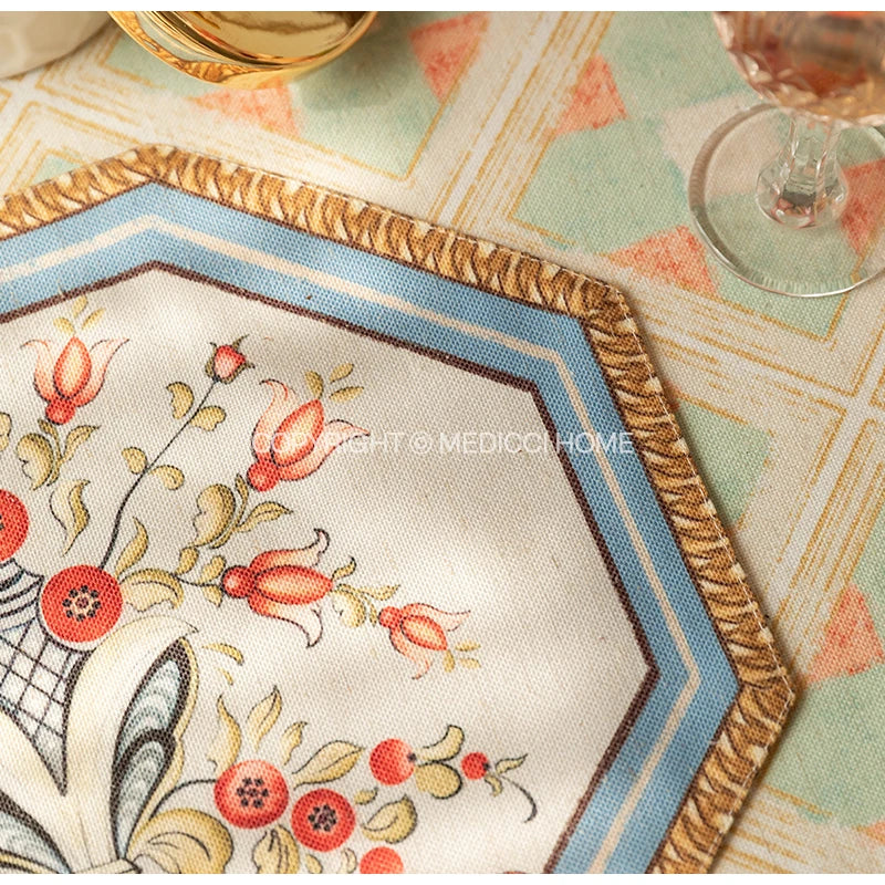 DecorBites™ Baroque Flowers Fringe Placemat Set- Luxury Cotton Linen Retro Hexagon Table Mats