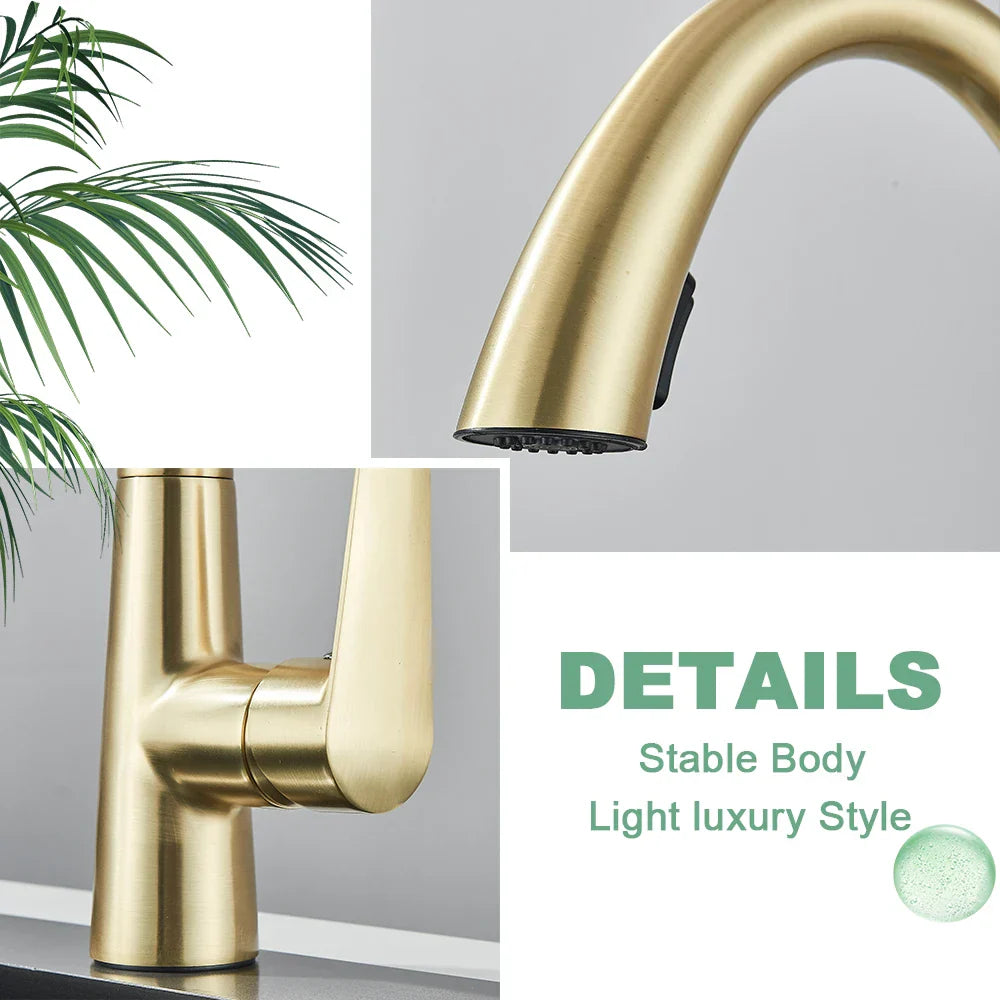 DecorBites™ Brushed Gold Gourmet Kitchen Faucet with Flexible Pull Out Mixer Tap