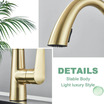DecorBites™ Brushed Gold Gourmet Kitchen Faucet with Flexible Pull Out Mixer Tap