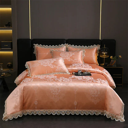 Decobites Golden Jacquard Cotton Lace Bedding Set - Silky Soft Duvet Cover, Flat Sheet, Pillowcase