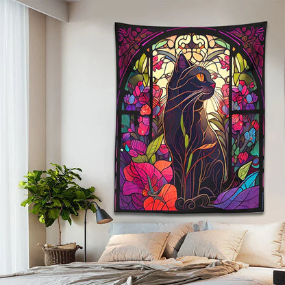 Decobites Floral Cat Tapestry Stained Glass Wall Art - Boho Cat Decor