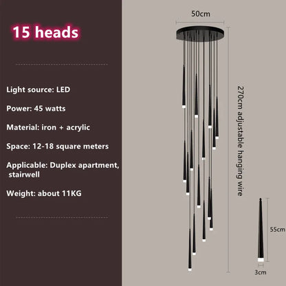 DecorBites™ Loft Black LED Stair Chandelier for Modern Living Room and Restaurant