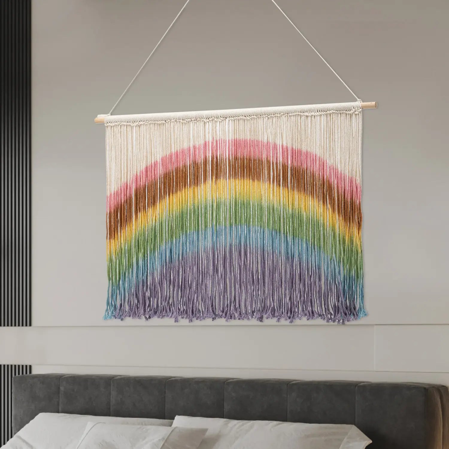 DecorBites™ Handmade Weaving Wall-mount Rainbow Macrame Decor Wall Hanging Colorful Tie-dyeing Tapestries w/Wood Stick