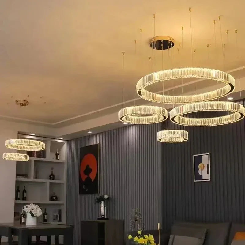 DecorBites™ Golden Crystal Chandelier: Nordic Modern Luxury LED Hanging Halo for Living Room
