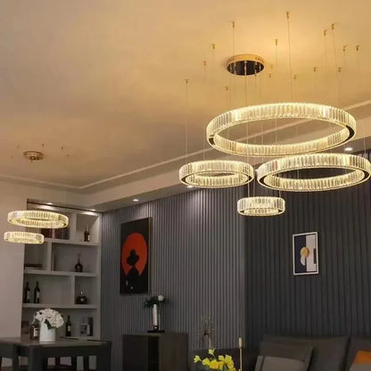 DecorBites™ Golden Crystal Chandelier: Nordic Modern Luxury LED Hanging Halo for Living Room