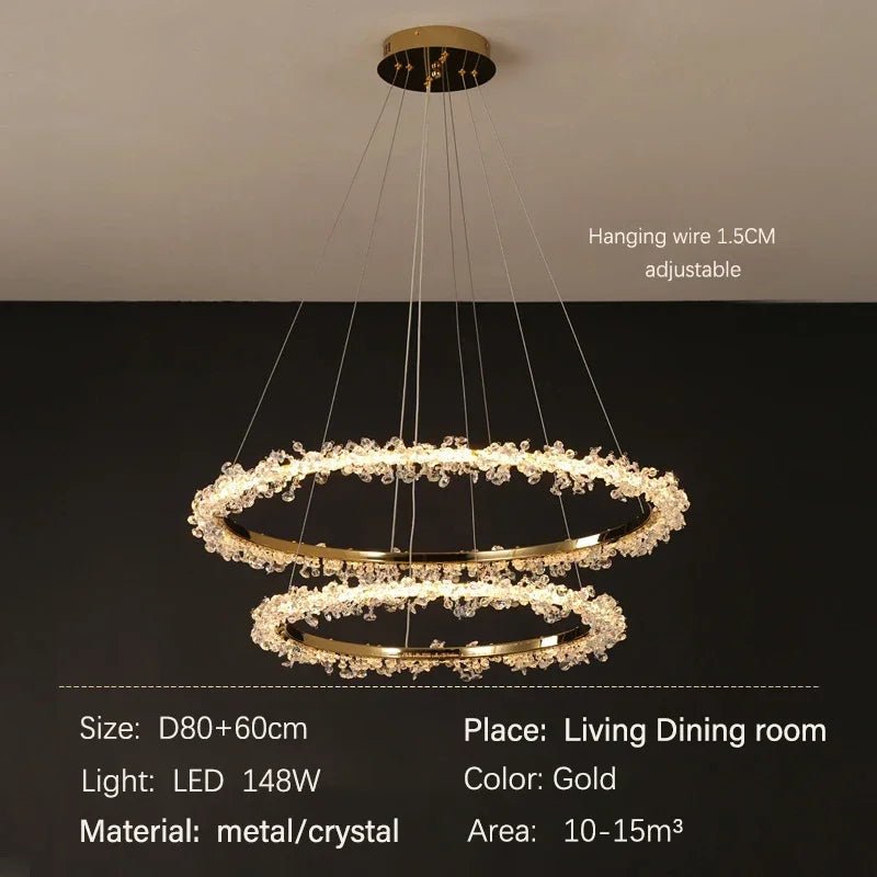 DecorBites™ Golden Round Crystal Chandelier | Nordic Luxury LED Halo Chandelier for Living Room