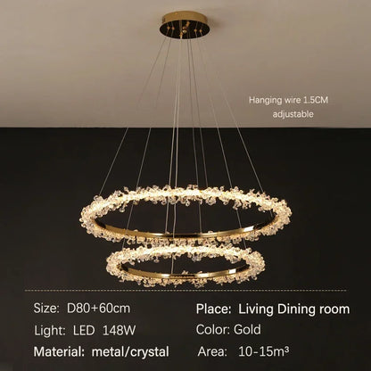 DecorBites™ Golden Round Crystal Chandelier | Nordic Luxury LED Halo Chandelier for Living Room