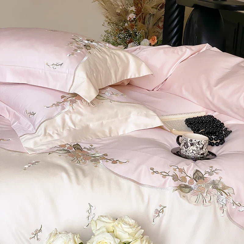 Decobites Lily of the Valley Chic Flowers Embroidery Bedding Set 1000TC Egyptian Cotton