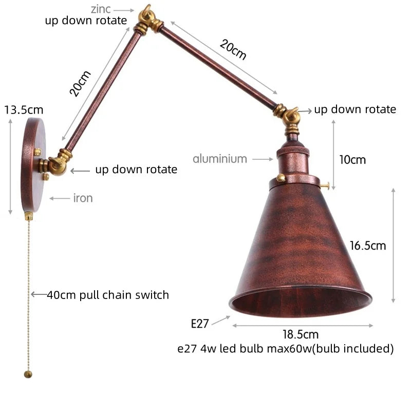 Lámpara de pared LED DecorBites™ de brazo largo con interruptor de cadena para baño de hotel o hogar