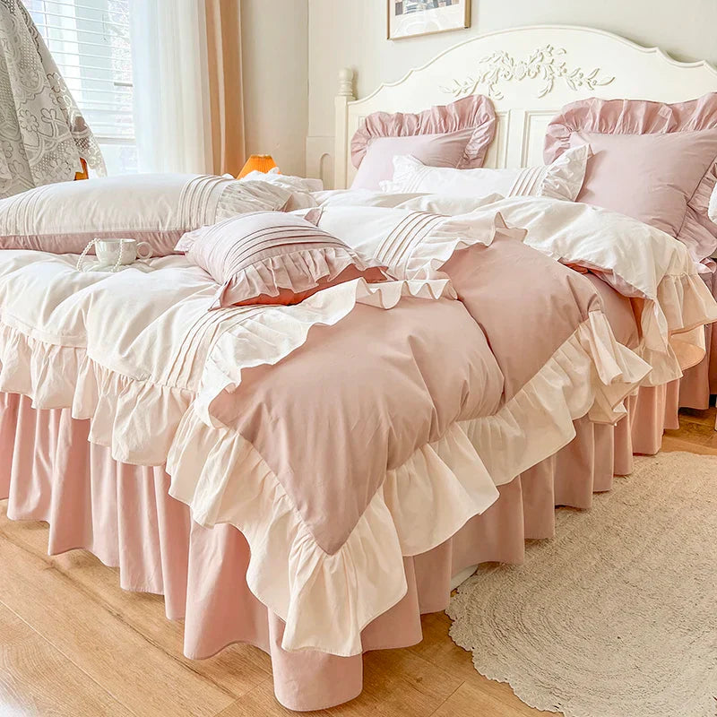 Decobites Pink Korean Princess Pleat Ruffles Cotton Bedding Set - 3/4Pcs