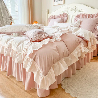 Decobites Pink Korean Princess Pleat Ruffles Cotton Bedding Set - 3/4Pcs